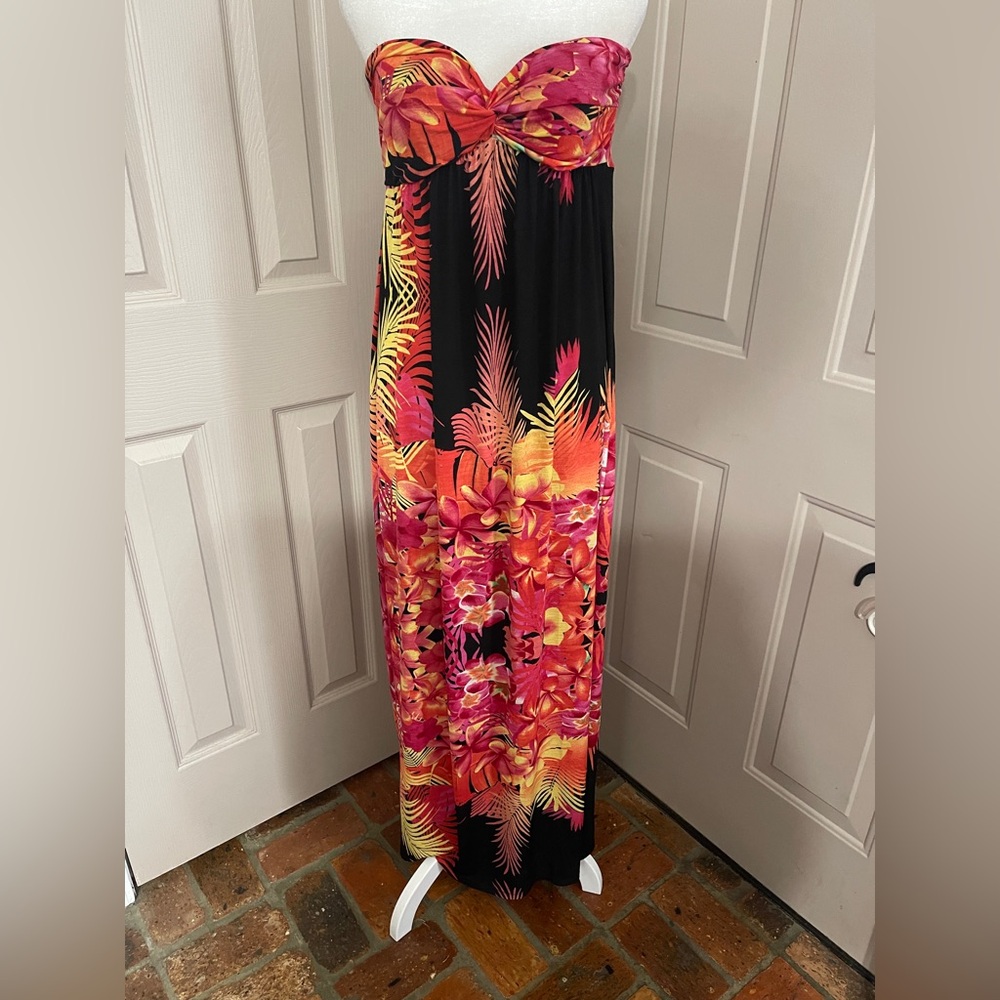 Moa Moa strapless black pink orange yellow Hawaiian print maxi dress. Size L.